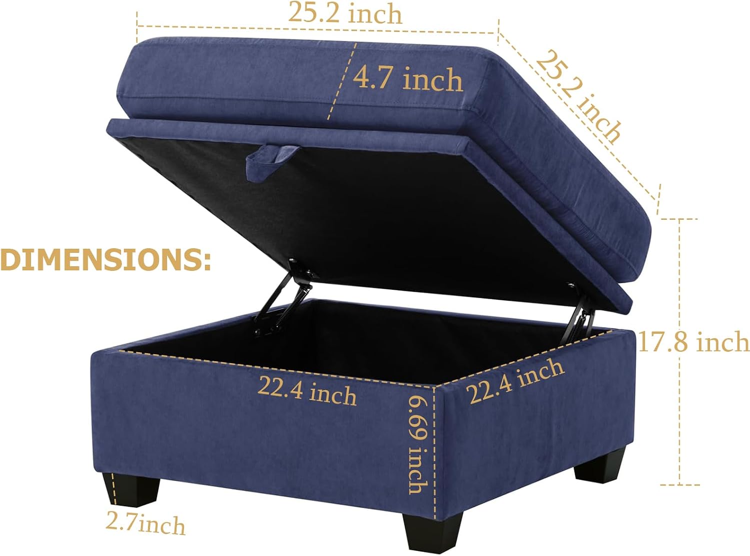 asunflower Ottoman with Storage for Couch Navy Blue 25.2 Inch Square Storage Ottoman Foot Rest for Living Room Large Ottomans for Dorm, Bedroom,Office with Deep Seating
