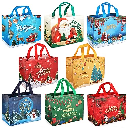 8PCS Weihnachtsgeschenktüten, Weihnachtstragetaschen mit Griffen, Weihnachtstaschen, Vlies-Weihnachtstaschen zum Einpacken von Geschenken, Weihnachtsfeierzubehör, 32,5 × 25 × 17 cm