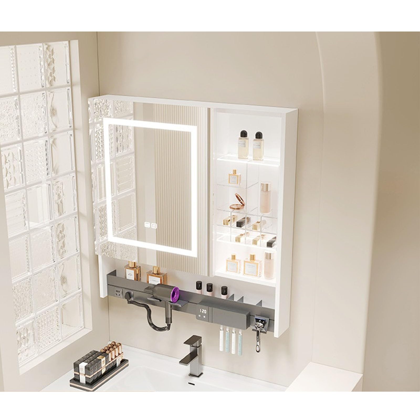 Armario Espejo Baño Con Luz De Aluminio Espacial,Espejo Baño Con Luz,Estante De Pared Para Baño Con Estante,Baño Moderno Con Espejo/Secador De Pelo/Cepillo De Dientes/Cepillo De Maquillaje En Estante(