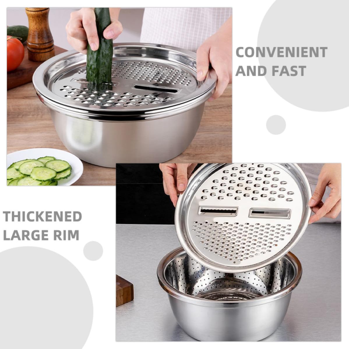 Juego de Coladores de Acero Inoxidable 3 Piezas con Borde Grueso | Plata, Lavado y Cocina Doméstica, Cuenco para Cortar Verduras con Gran Reborde