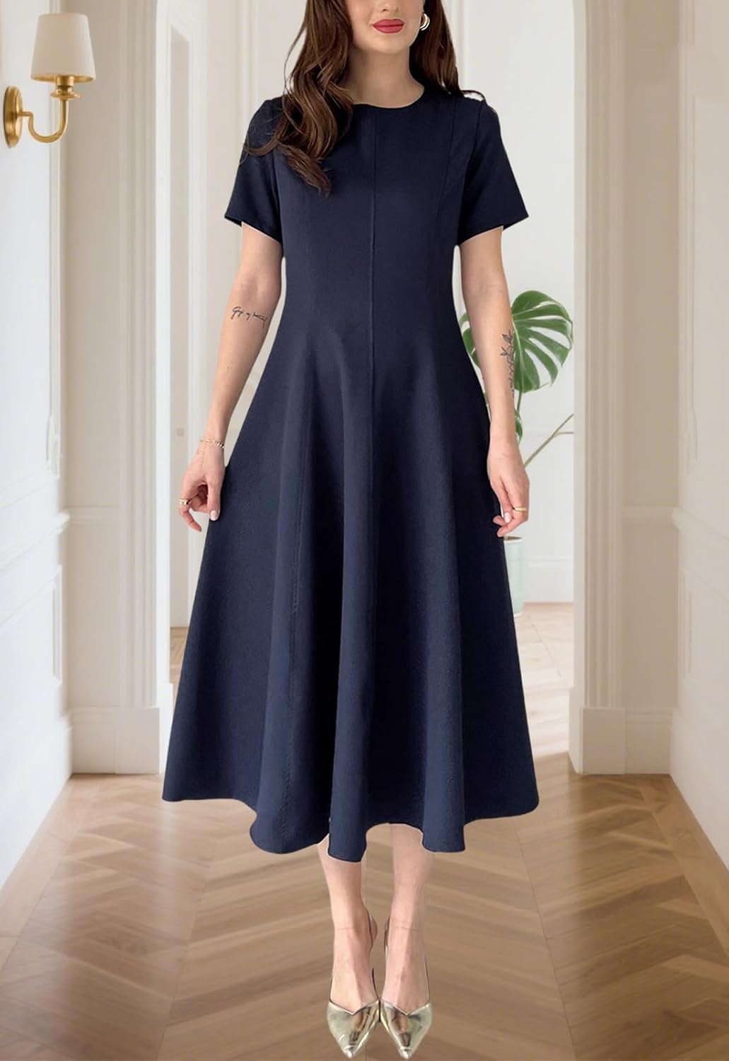 Women's Summer Round Neck Midi Dress Short Sleeve Fit and Flare Elegant A-Line Business Swing Dresses - Image 5