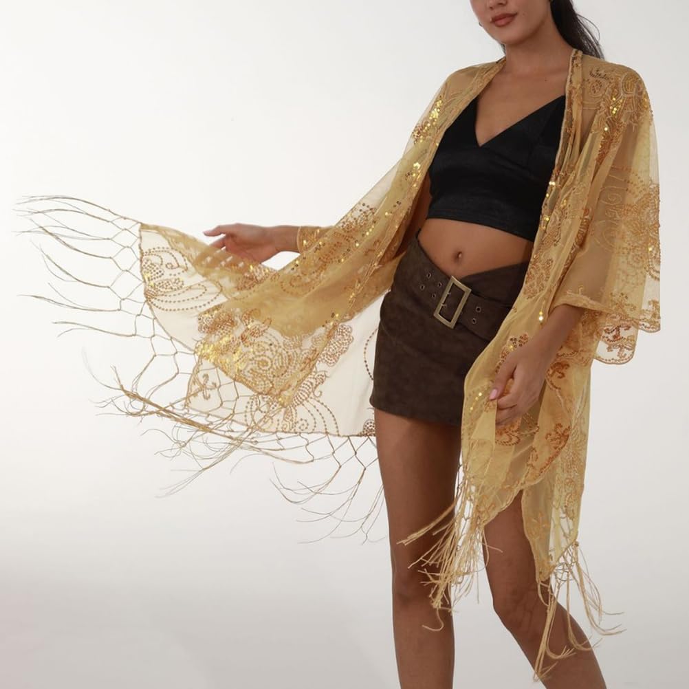 Copricostume da Spiaggia con Protezione Solare Estiva Da Donna, Kimono Paillettes Scintillanti Cardigan Scialli Solari con Nappa