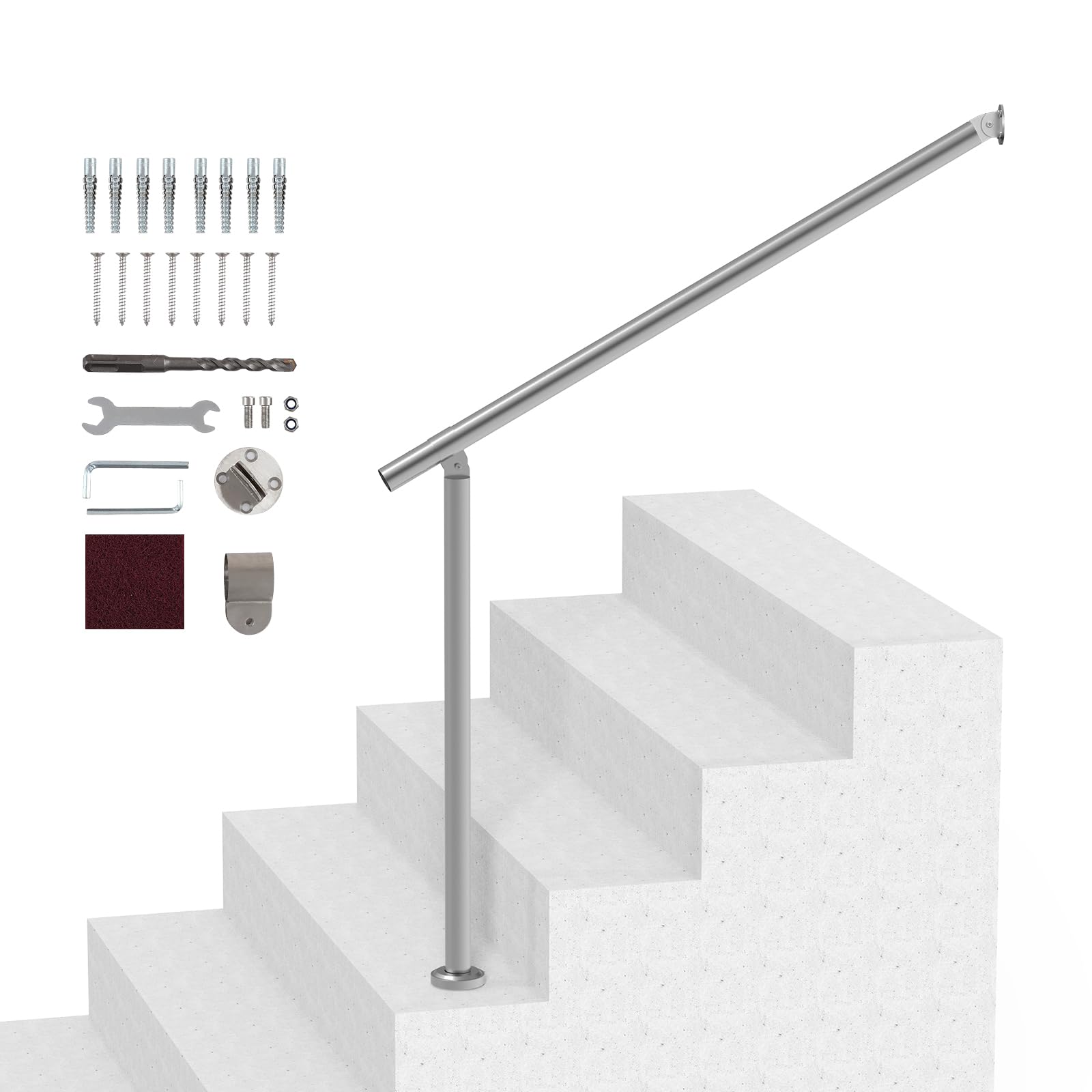 VEVOR Barandilla de Escalera 100 cm Pasamanos de Escalera para Escalones Exteriores de Acero Inoxidable Montaje en Pared y Suelo con Kit de Instalación para Personas Mayores, Porche, Terraza, Plata