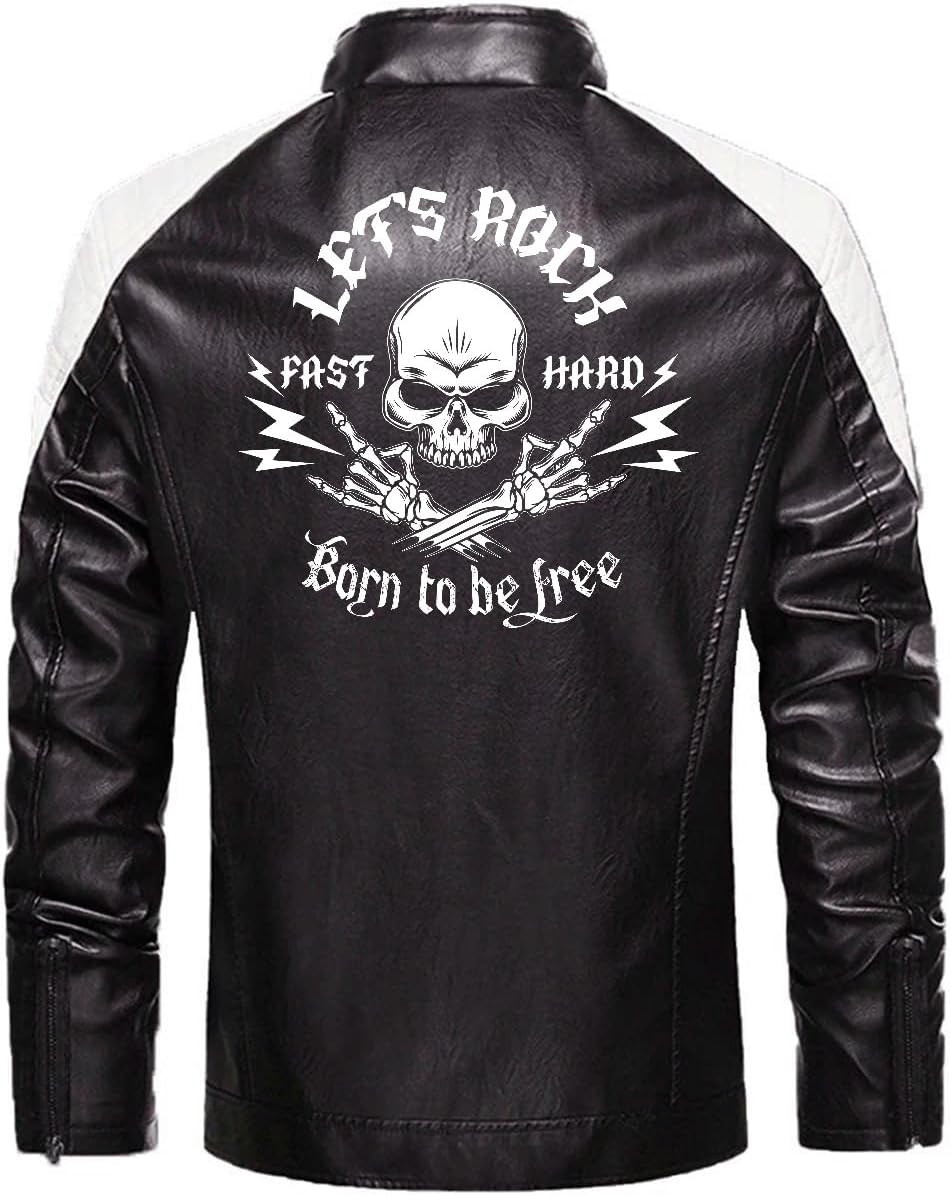 Let's Rock, Fast and Hard, Born to be Free, Music Skull Rocker, Motorcycle Custom Men PU Leather Vest Jacket