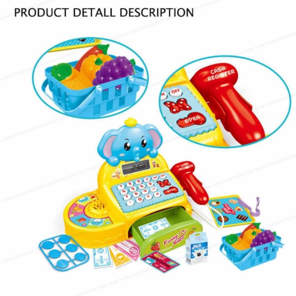 Image of SHAKTISM Cash Register with Lights & Sounds for Pretend Play Electronic Toy Set with Scanner Shopping Basket Grocery Best Gift for 3+ up Ages Kids Boys & Girls (Cash Register Elephant)