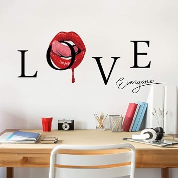 Sexy Red Lips Wall Decor, Love Everyone Quotes Wall Sticker Home Decals for Walls Home Decorations Wall Decals for Living Room Bedroom Removable Mural