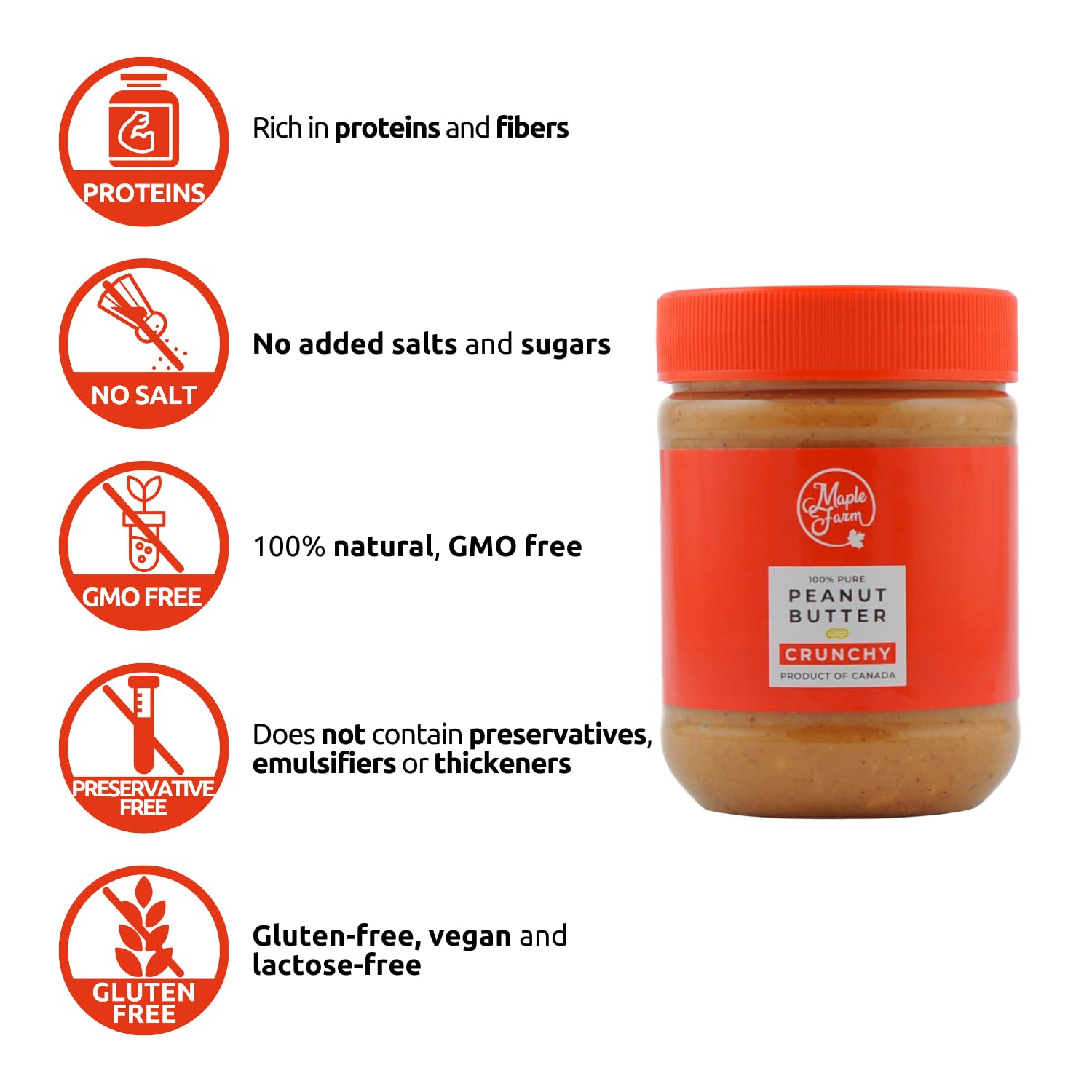 MapleFarm - 100% Puro Burro d'arachidi croccante 1 x 325g - Crema proteica e naturale - Crunchy peanut butter