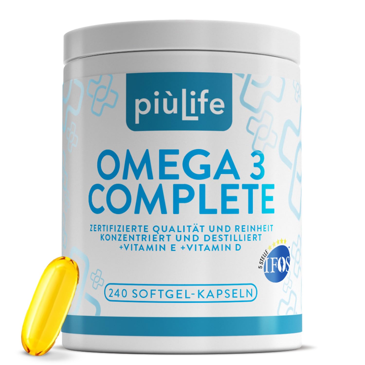 Omega 3 IFOS 5 Sterne Zertifiziert Mit Vitamin D3 und E PiùLife – 240 Softgel – Fischöl EPA DHA 800 mg & 400 mg pro Tagesdosis – Fish Oil Omega 3 kapseln hochdosiert – Herz, Gehirn, Augen, Knochen