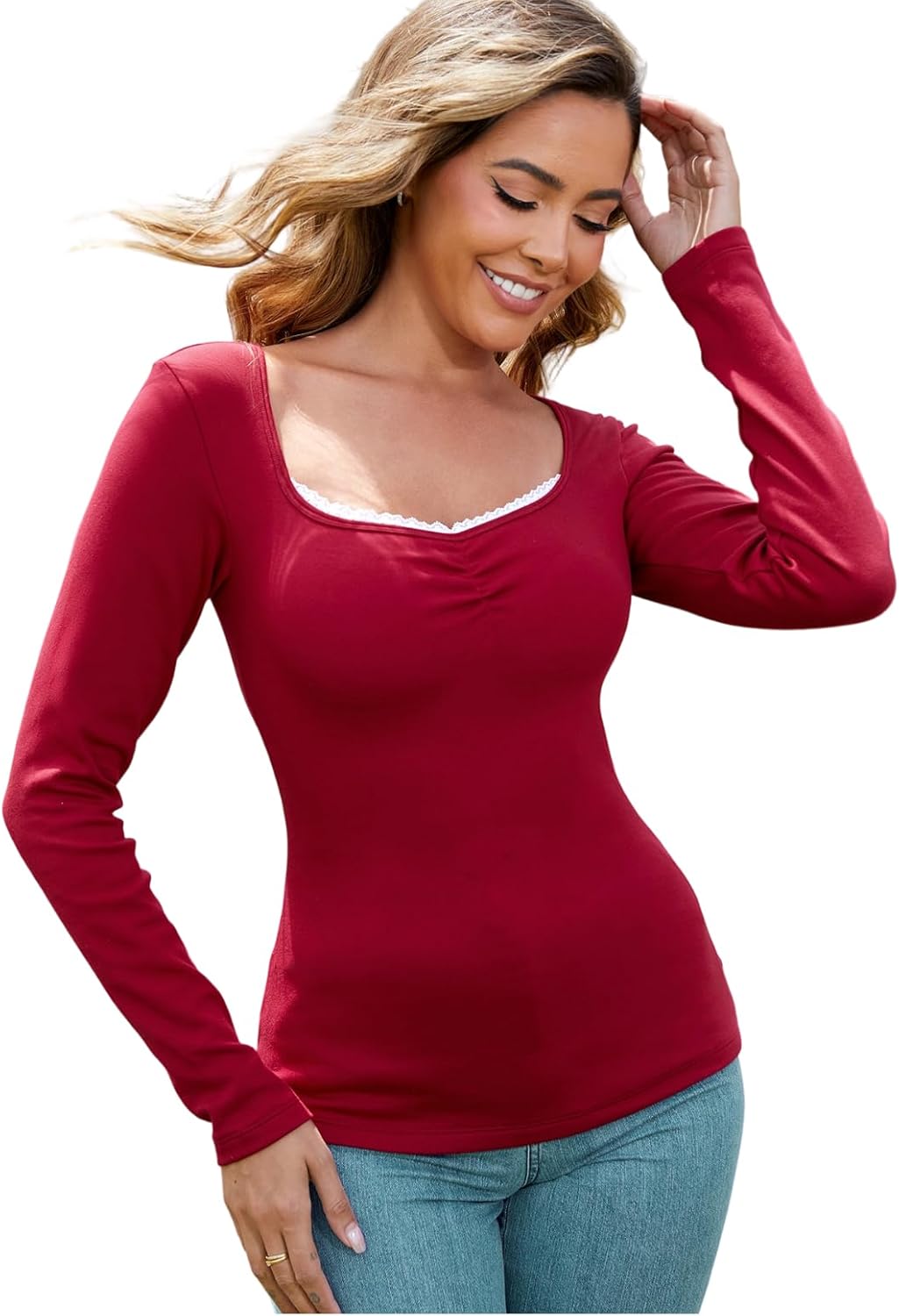 H HIAMIGOS Long Sleeve Shirts for Women Thermal Long Sleeve Tops Square Neck Slim Fit Undershirt Casual Basic Layering S-XL