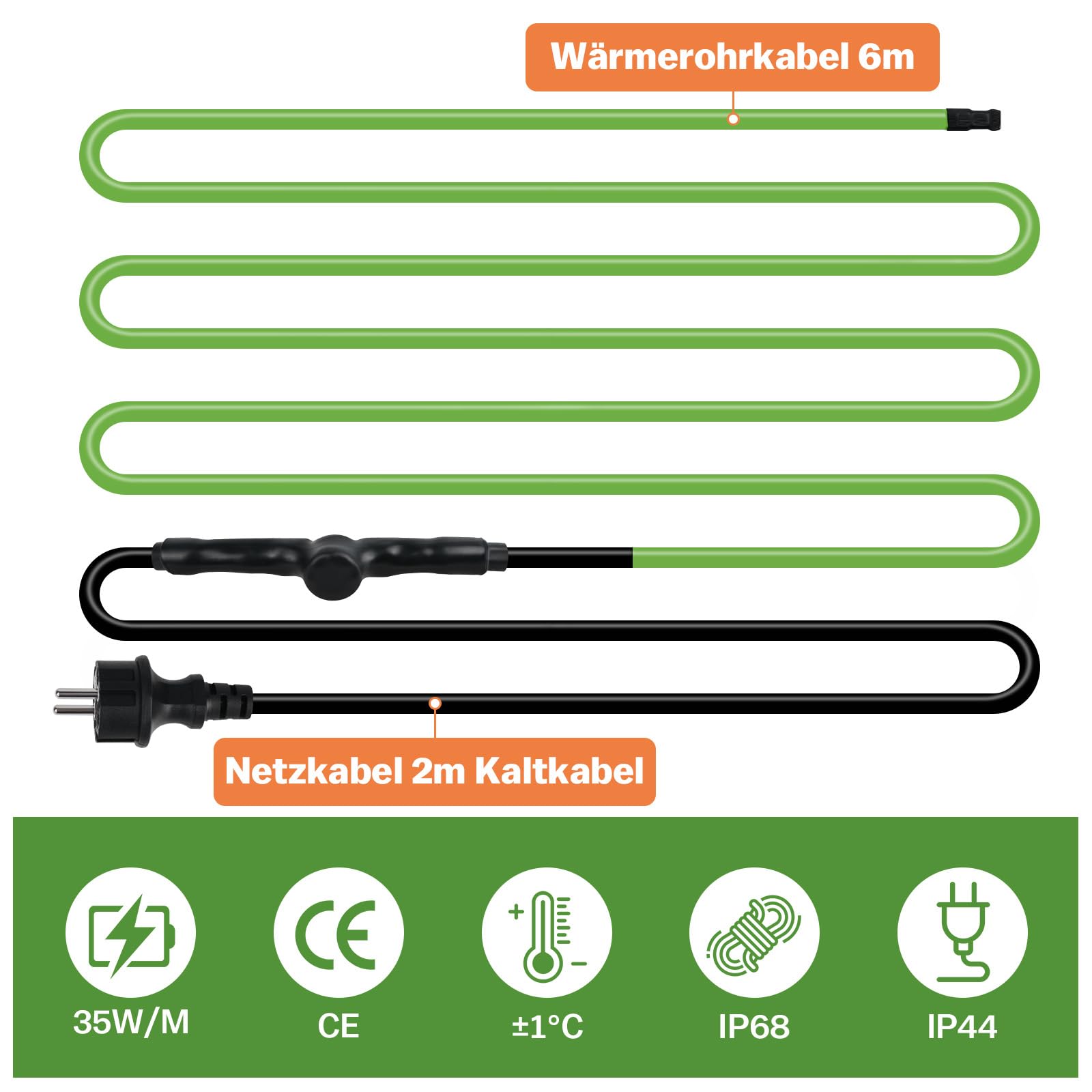 Cavo riscaldante autoregolante, 6 m, antigelo con termostato integrato per la protezione dei tubi dell'acqua, ideale per piante, impermeabile con spina di protezione 35 W/m, 230 V, IP68
