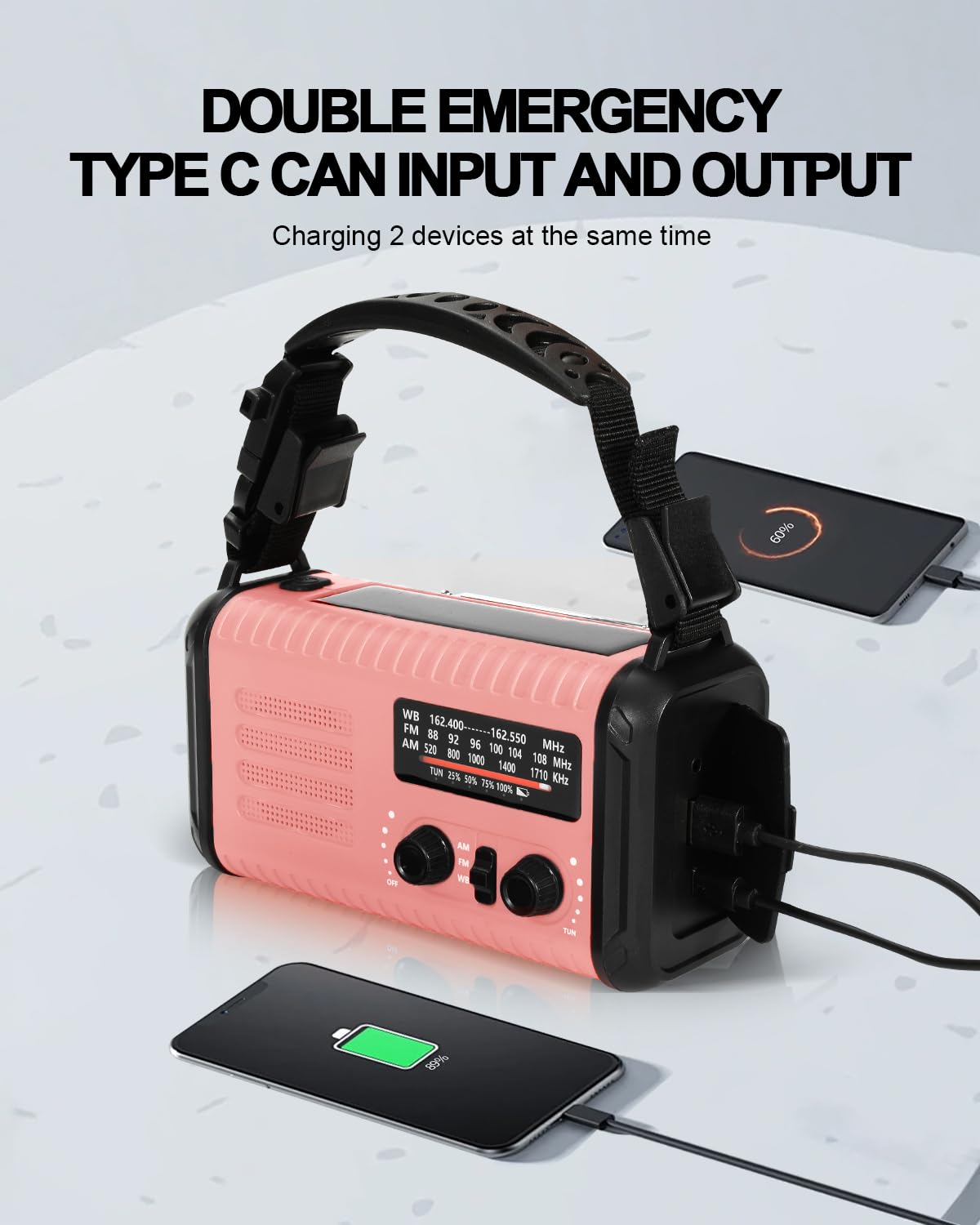 IRonsnow Condor 1 Noodradio – 20000mAh Zonne- En Slingerradio Met NOAA/AM/FM, Powerbank, Leeslamp En Zaklamp (roze)