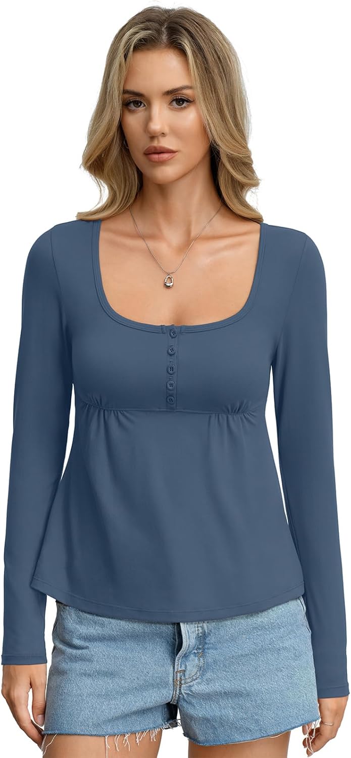 Womens Babydoll Long Sleeve Peplum Tops Sexy Y2k Square Neck Henley Shirts Cute Going Out Top Winter 2026 - Image 3