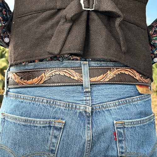 DANIEL'S ARTPLANET Western Leather Belt for Men Handmade Full Grain Cowboy Leather Belt 1.5” Wide Engraved Embossed Tooled4