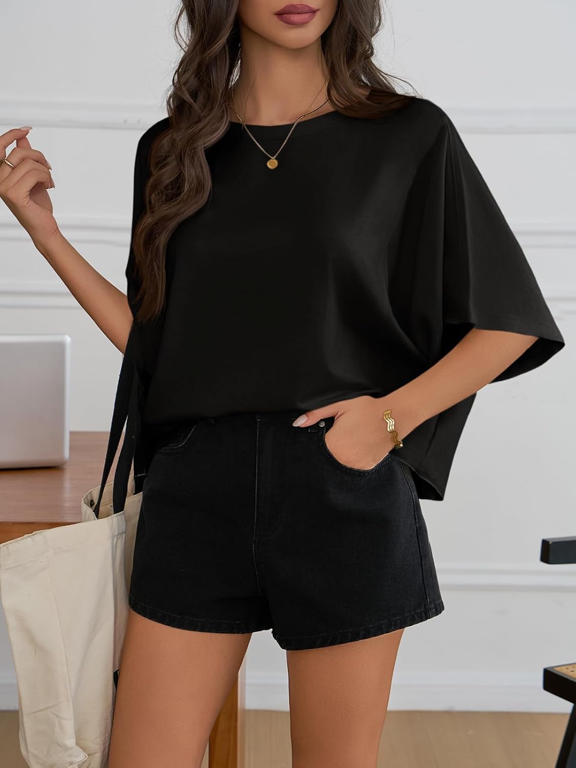 Cicy Bell Womens Oversized T Shirts Batwing Half Sleeve Summer Casual Crewneck Cropped Tops Loose Fit Basic Tees - Image 3