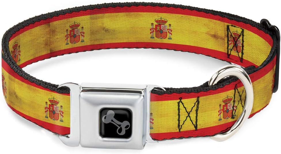 Dog Collar Seatbelt Buckle Spain Flag Continuous Vintage 15 to 26 Inches 1.0 Inch Wide