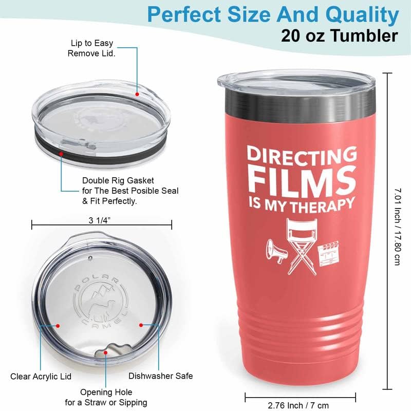 Filmmaker Coral Tumbler 20oz - Directing films is my therapy - Filmmaker Gifts Camera Lens Cut Prop Director Movie Film Scriptwriter