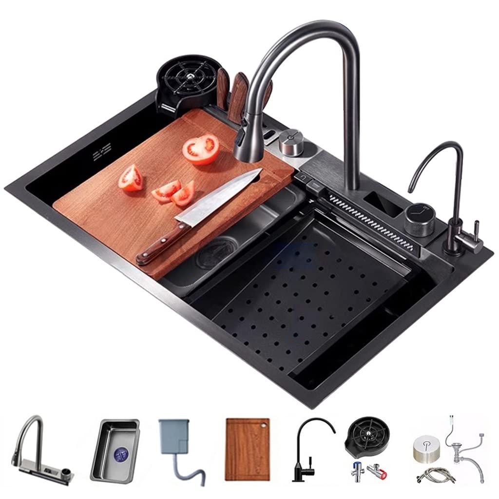 ZQFHSX Stainless Steel Single-Bowl Kitchen Workstation Sink Multifunctional Farmhouse Waterfall Pull-Down Faucet And Complete Accessory Set (Size : 75x46x22cm)