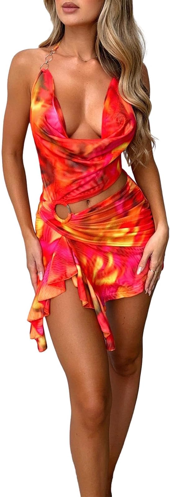 FeMereinaWomen Halter Deep V Neck Ruched Mini Dress Sleeveless Backless Tie Dye Print Party Dress Cut Out Bodycon Short Dress Y2K Streetwear