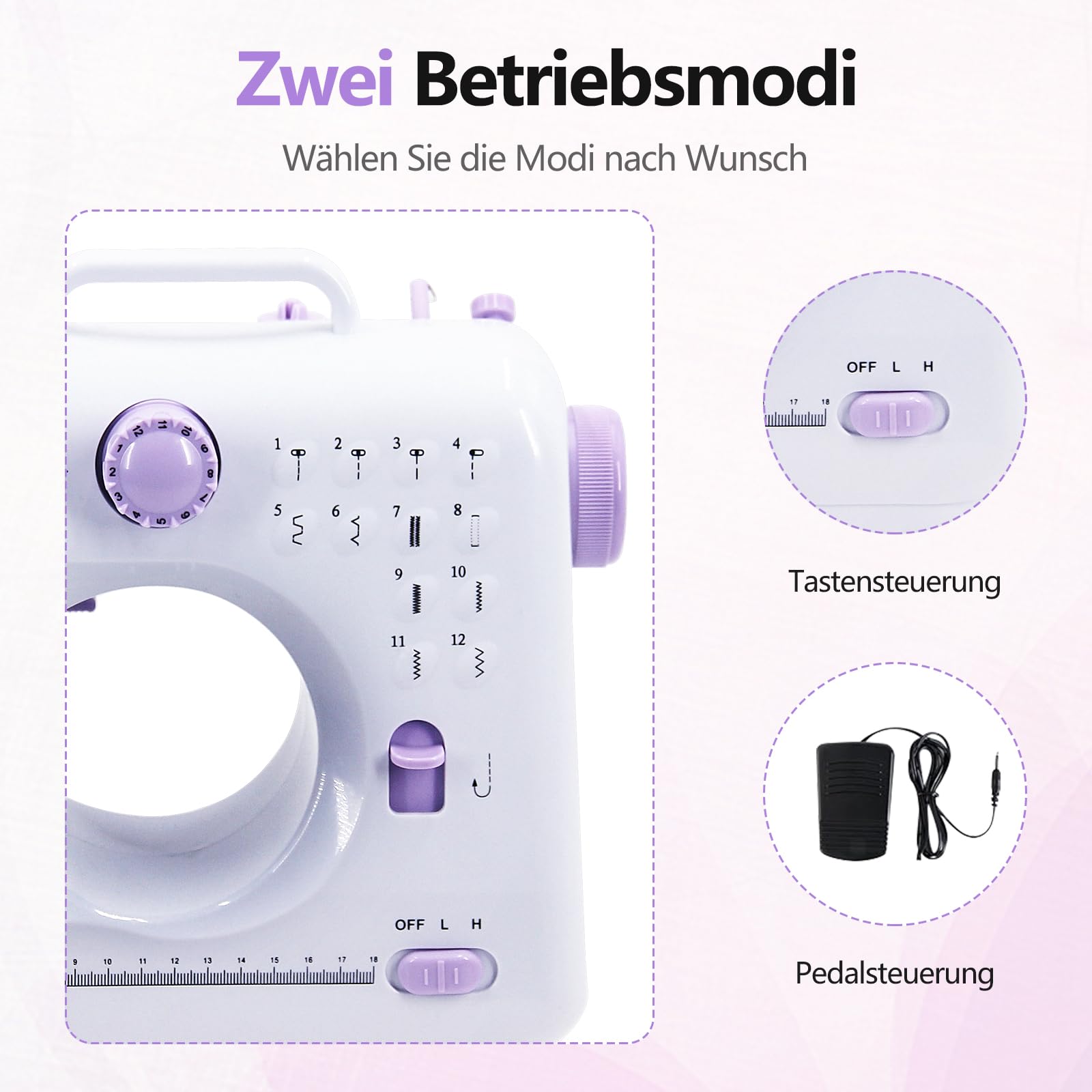 Nähmaschine für Anfänger, 12 Stichprogrammen Kleine Nähmaschine Kinder mit LED-Licht, Handnähmaschine Mini Sewing Machine, Tragbare Elektrische Nähmaschinen mit Fußpedal & Nähset