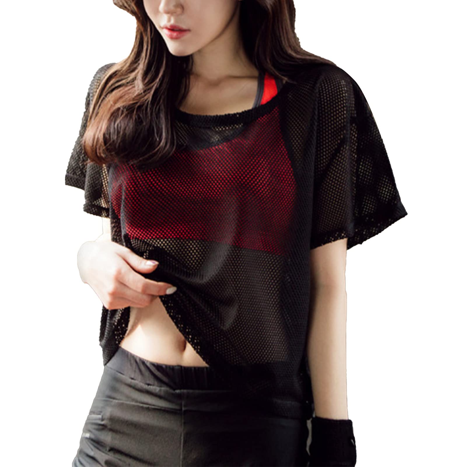 DEKDMesh Cover Up Top, Women Mesh See Through T Shirt Short Sleeve Quick Drying Loose Fit Prevent Pilling Wearable for Fitness for Summer