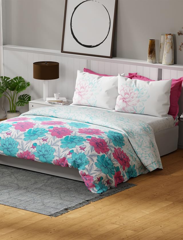 Image of United Colors of Benetton Rainbow Floral Cotton Queen Bedsheet with 2 Pillow Covers | 144 TC | Soft, Skin-Friendly & Breathable Bed Linen | Queen Size Bedding Set