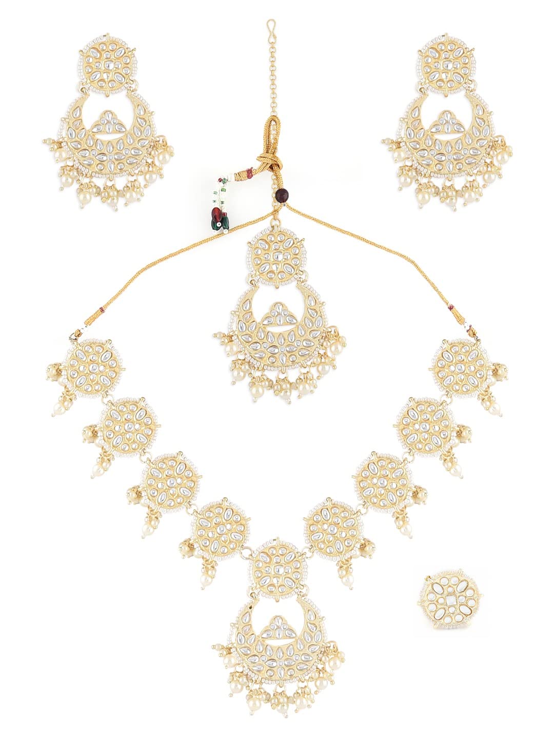 Gold Tone Ethnic Kundan Necklace Earring Maangtikka & Ring Set For Women-ZPFK11457