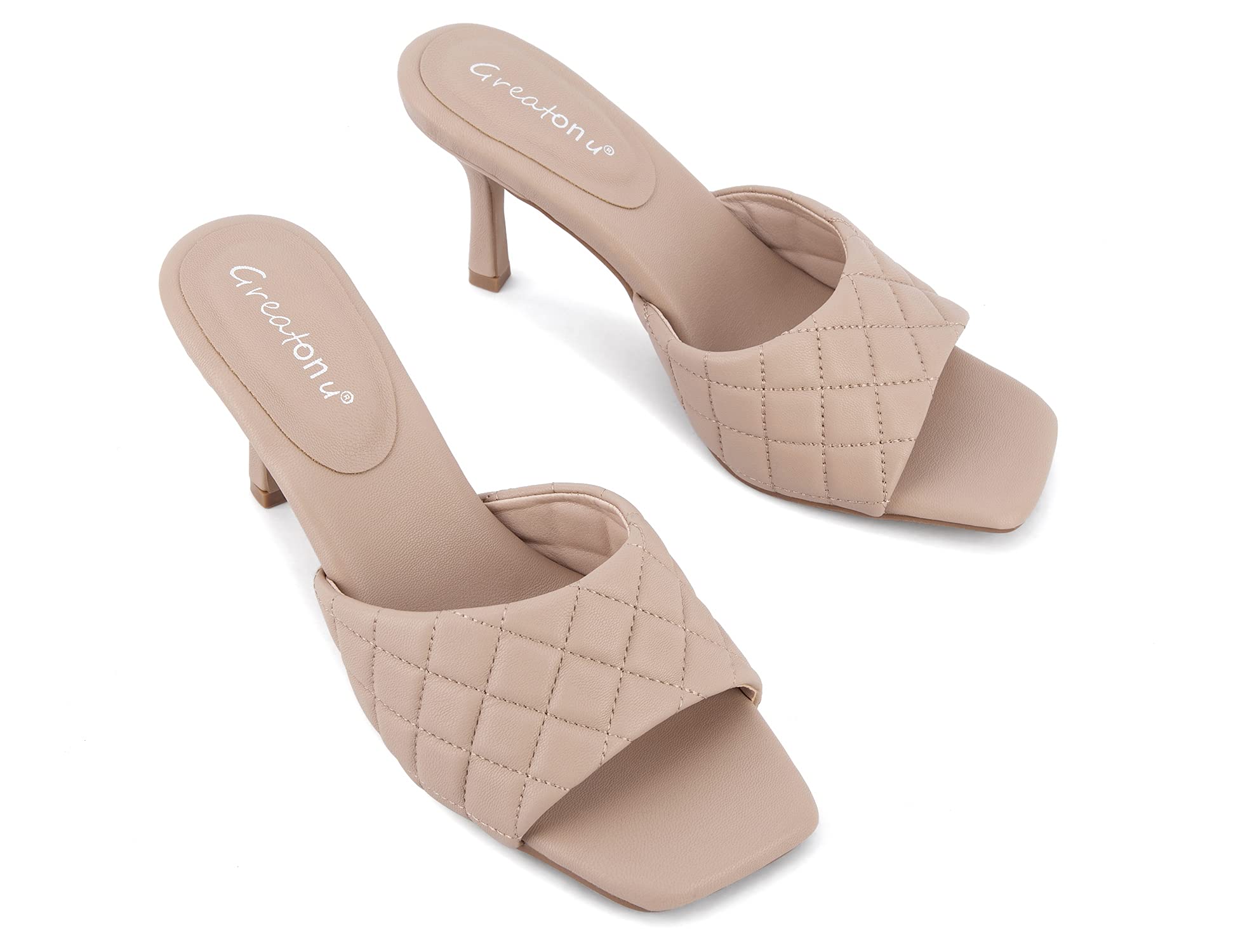 Greatonu Women's Square Toe heels Open Toe Slip-on Sandals Heeled Mules