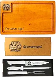 Kit Churrasco Premium Personalizado, Tábua de Corte em Madeira Nobre, Conjunto com Faca, Garfo e Chaira em, Estojo MDF e Sacola para Presente