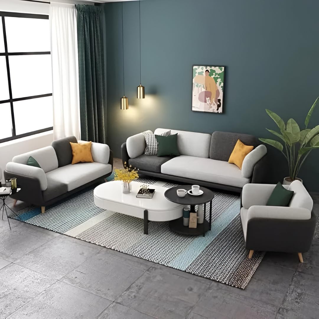 Modern Luxury Velvet Contemperory Couch with Cushion Stylish Design Sofa for Your Living Room, Bedroom, Hall, Office 3 Seater with Puffy (3+2+1 Seater(Black & Off White))