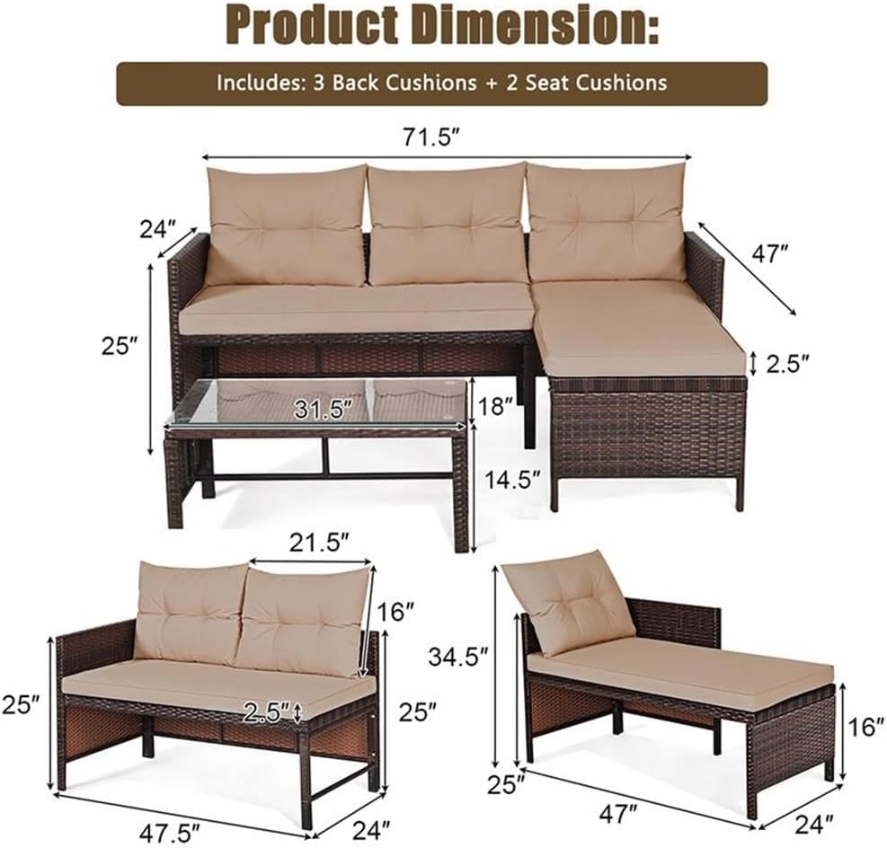 Pemberly Row 3-Piece Patio Sofa Set, Beige Rattan and Steel Construction, Includes Loveseat, Corner Lounge Sofa, Coffee Table, Contemporary Outdoor Furniture for Garden or Balcony Use
