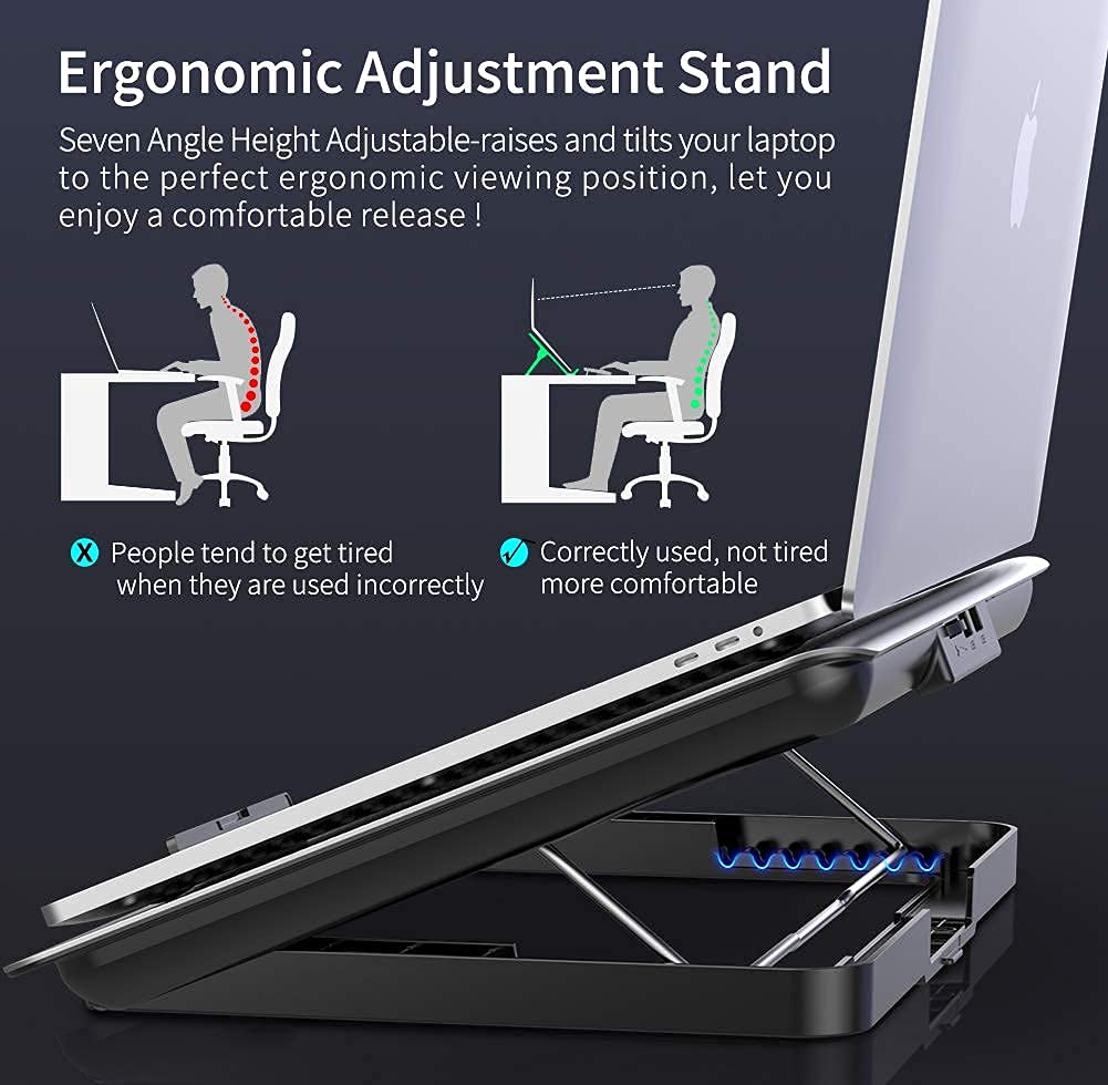 Proffisy Aluminum Laptop Cooling Pad with One Big Quiet Cooling Fan, Laptop Cooler Stand with 7 Height Adjustable, Notebook Cooler pad for Laptop 15.6 14 13 12 Inch, Two USB Ports (Silver) 14 61YFUiJ9yES. SL1001