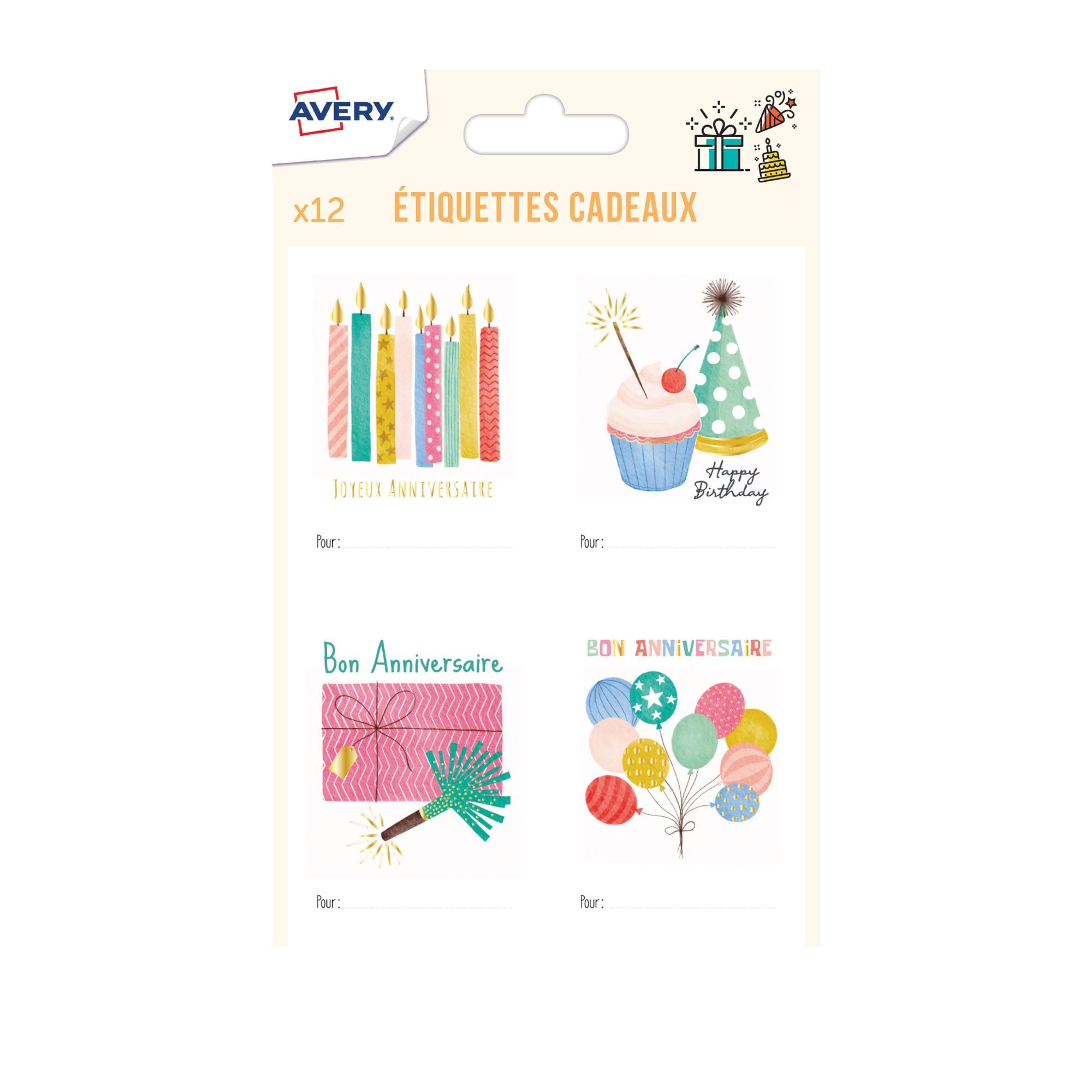 AVERY - 12 étiquettes cadeaux anniversaire - motifs pastels