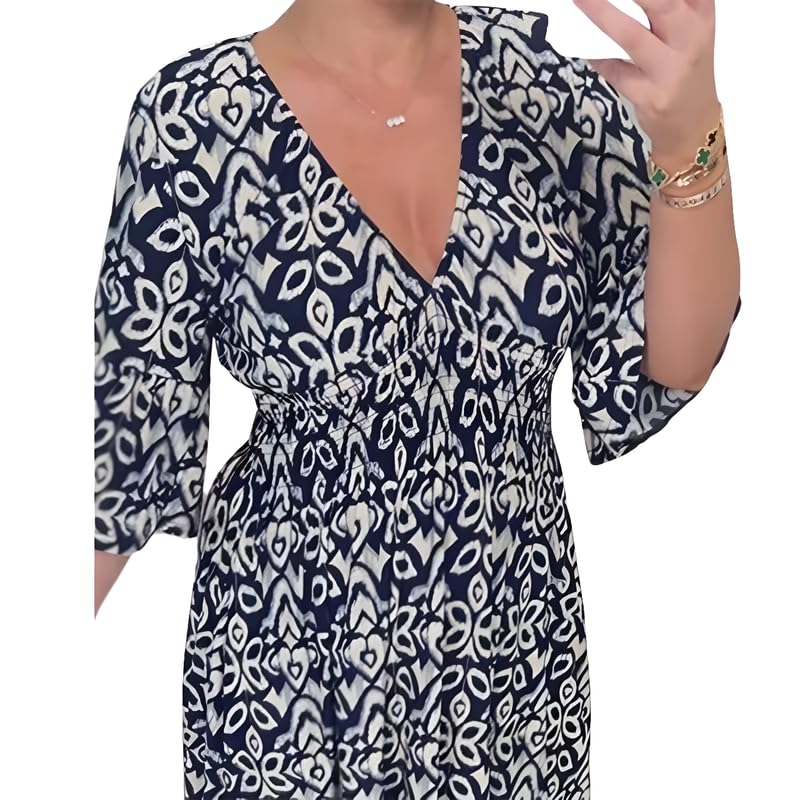 Bysku Plus Size Summer Floral V-Neck Dress for Women, Loose Casual Print V-Neck Long Dress, Bohemian Wrap V-Neck 3/4 Sleeve