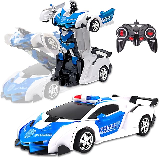 Pup Go 2 in 1 Transforming Remote Control Car, One-Click Deformation Robot RC Car Toys for Kids Age 3 4 5 6+ Year Old, Rechargeable 360° Rotation with Light, Birthday Gifts Boys (Police)