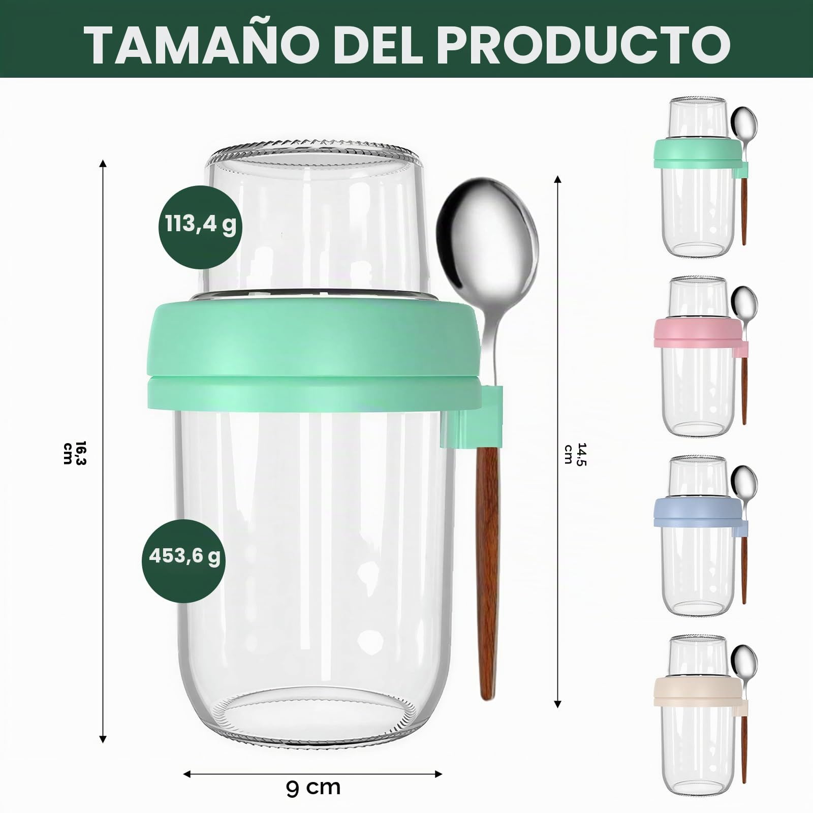 CEWROM Juego de 4 vasos de cereales para llevar, 480 ml de vidrio de avena con tapa, recipiente de cristal de doble pared con tapa, vaso de yogur para llevar y taza de cereales, adecuado para el