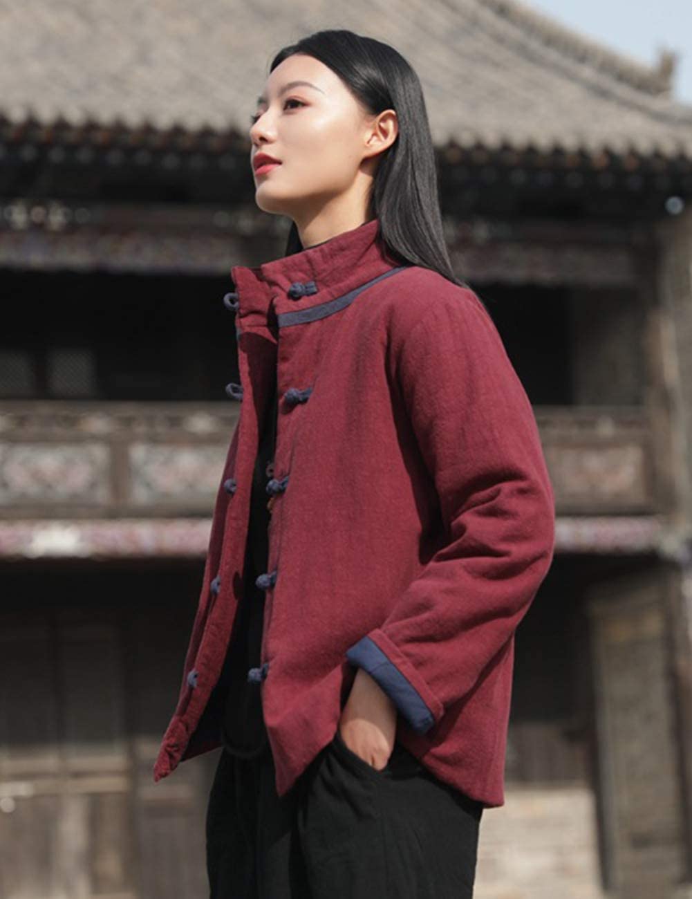 NFYM Veste courte matelassée légère à col montant pour femme, vêtement d'extérieur en coton et lin, style chinois, costume Tang