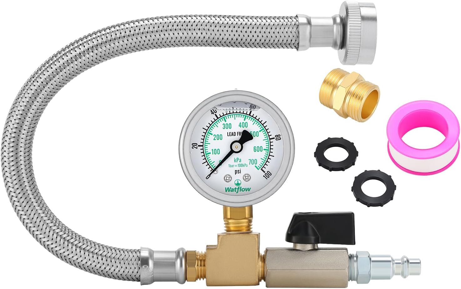 Watflow Air Compressor Water Blow Out Adapter with 100psi Pressure Gauge, with 1/4" Quick Connect Shut-Off Valve & 3/4" GHT Blow-Out Fitting Adapter, 304 SS Hose for Camper, Travel Trailer(60")