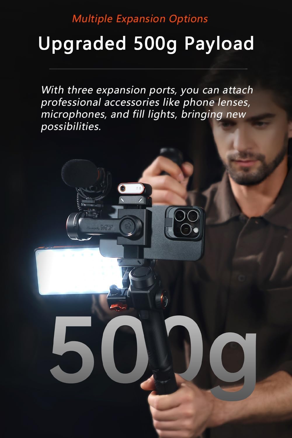 hohem iSteady M7 Stabilisateur pour Smartphone,Traceur Magnétique AI Lumière de Remplissage CCT/RGB, 1.4″ Touchscreen Télécommande Détachable & Perche, Charge utile 500g, Gimbal pour iPhone Android
