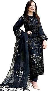ROYALICA Women's Black Embroidered Pakistani Suit Set, 3-Piece Salwar Kameez with Dupatta,Georgette Straight