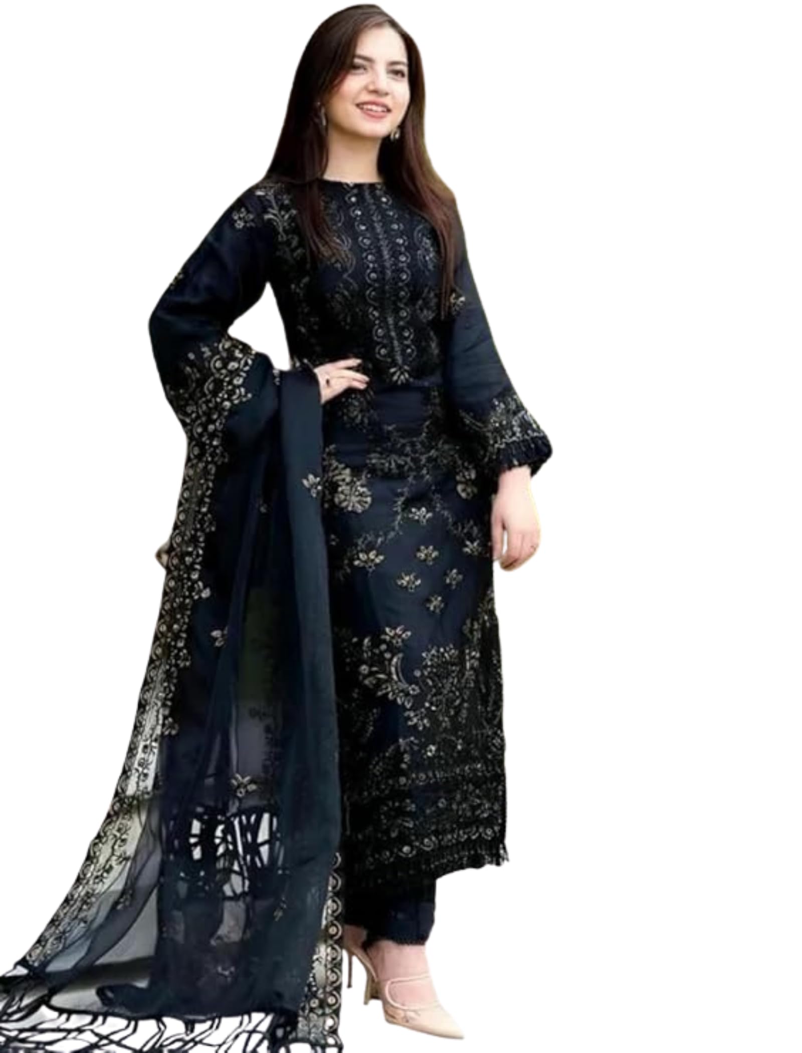Women's Black Embroidered Pakistani Suit Set, 3-Piece Salwar Kameez with Dupatta,Georgette Straight