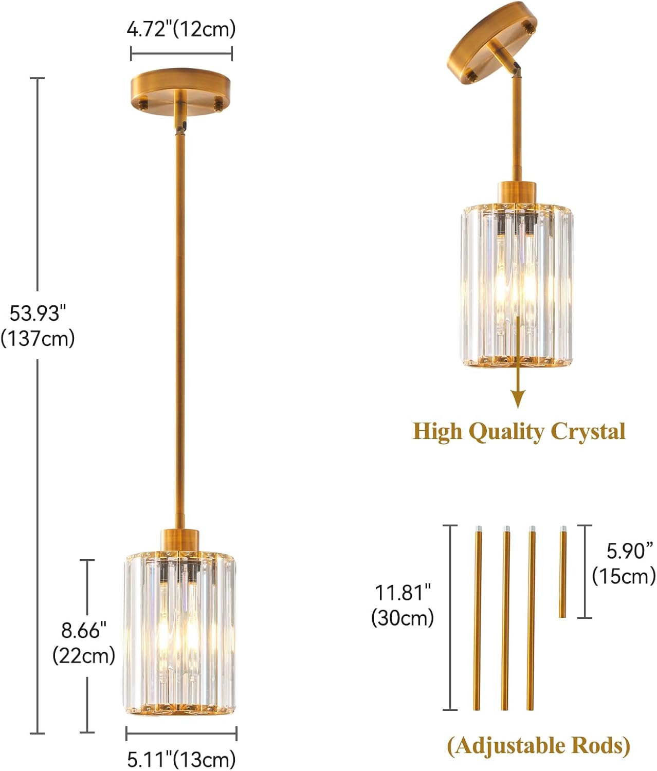 2 Pack Gold Crystal Pendant Lights for Kitchen Island, Adjustable Mini Hanging Small Chandelier Fixtures, E26 Base Dimmable, Modern Industrial Chandelier Lighting for Dining Room, Bar, Sink, Bedroom