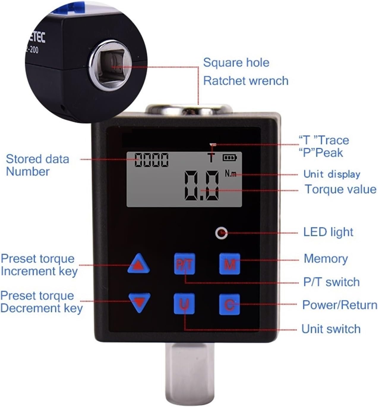 Electronic Digital Display Torque Adapter 0.3-340NM Torque Meter Connector Wrench Torque Measurement Auto Repair Tool(TQA2-200)