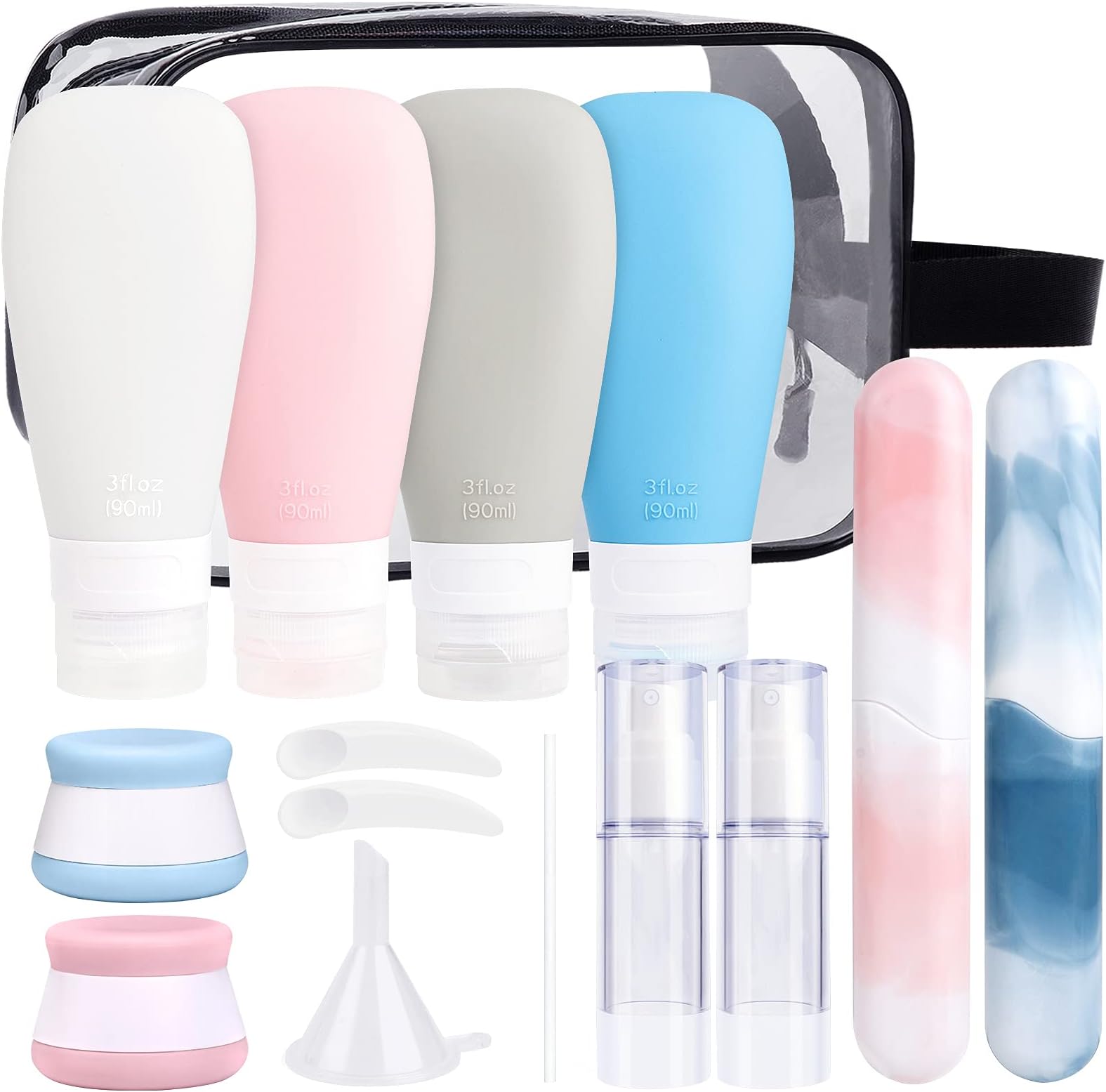 INSFIT Silicone Travel Bottles Set, 17 Pcs Travel Size Toiletries, 3oz Travel Bottles for Toiletries, Travel Accessories for Women, Airplane Travel Essentials, Travel Containers for Toiletries