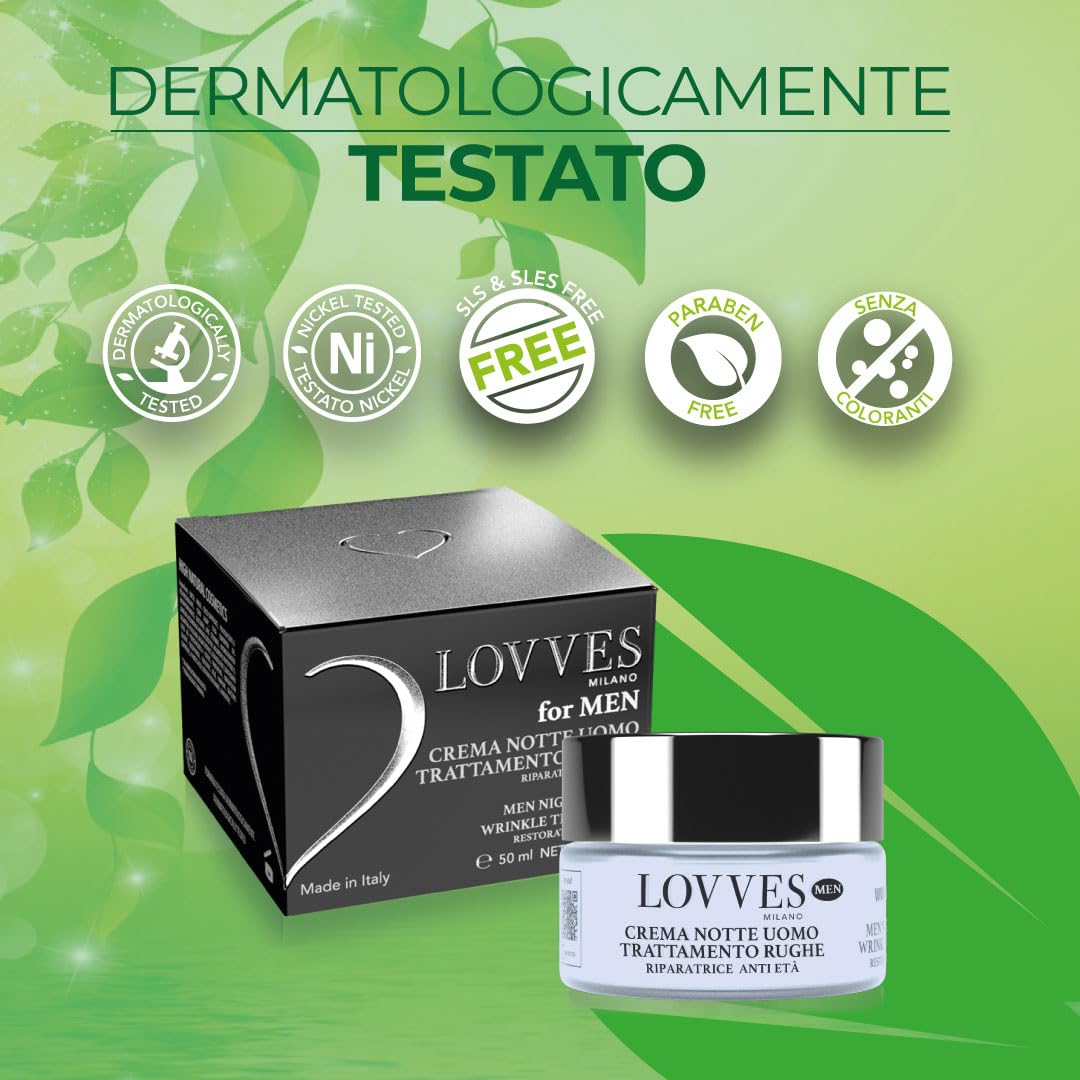 LOVVES Crema de Noche Antiarrugas para Hombre, Alta Cosmética Natural, Repara la piel, Antioxidante y Regeneradora, Previene el Envejecimiento Prematuro, Absorción Rápida, 50ml