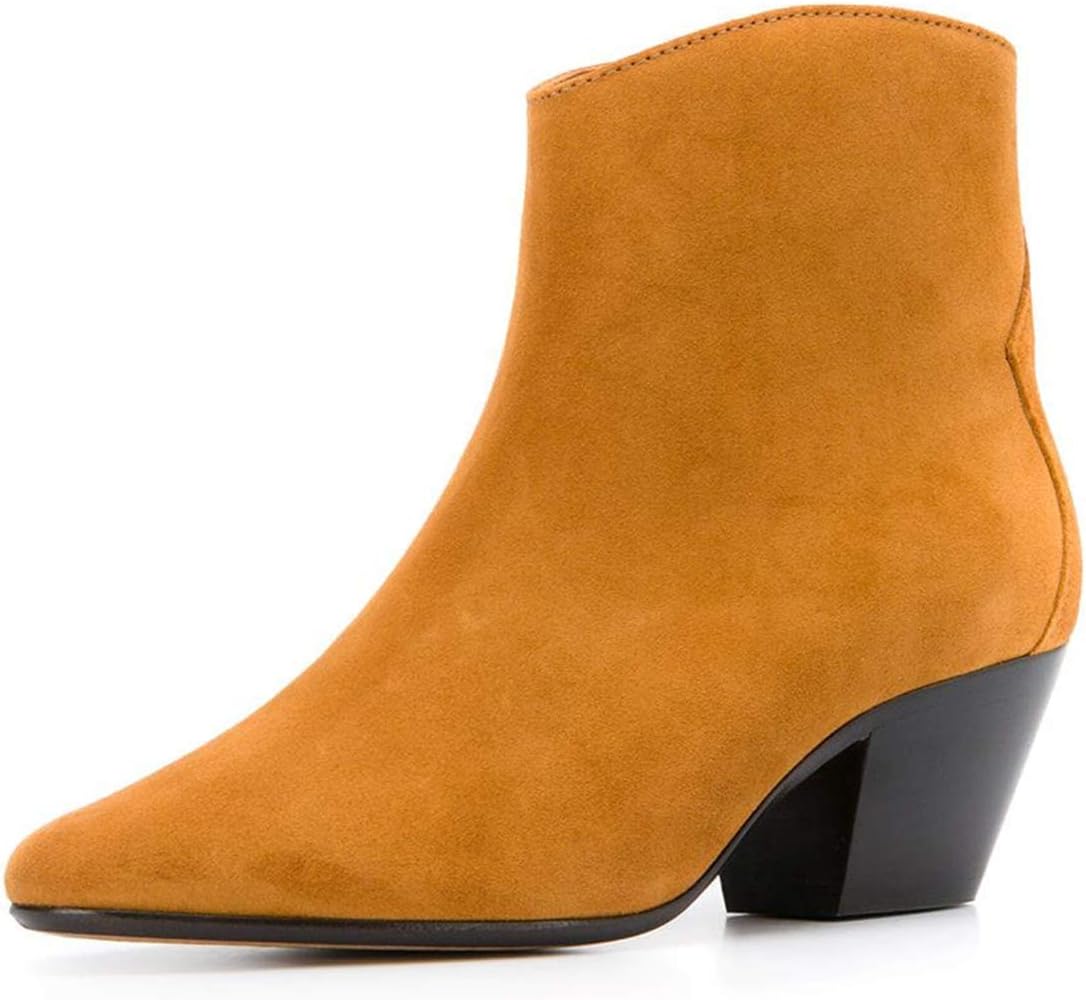 FOWT Women Classic Suede Comfy Ankle Boots Block Chunky Mid Heels Almond Toe Ankle Wrap Booties Side Zippers Solid Color Casual Shoes 4-15 M US