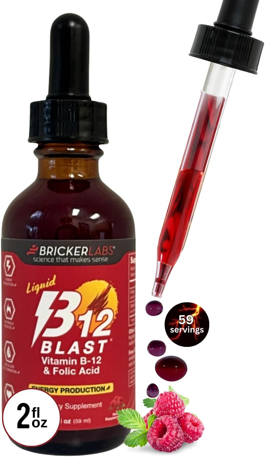 Bricker Labs B-12 Blast Liquid Vitamin B12 and Folic Acid Supplement, Support Energy Production, Great Tasting Liquid Vitamin B12 Dietary Supplement in Natural Raspberry Flavor, 2 fl oz Bottle