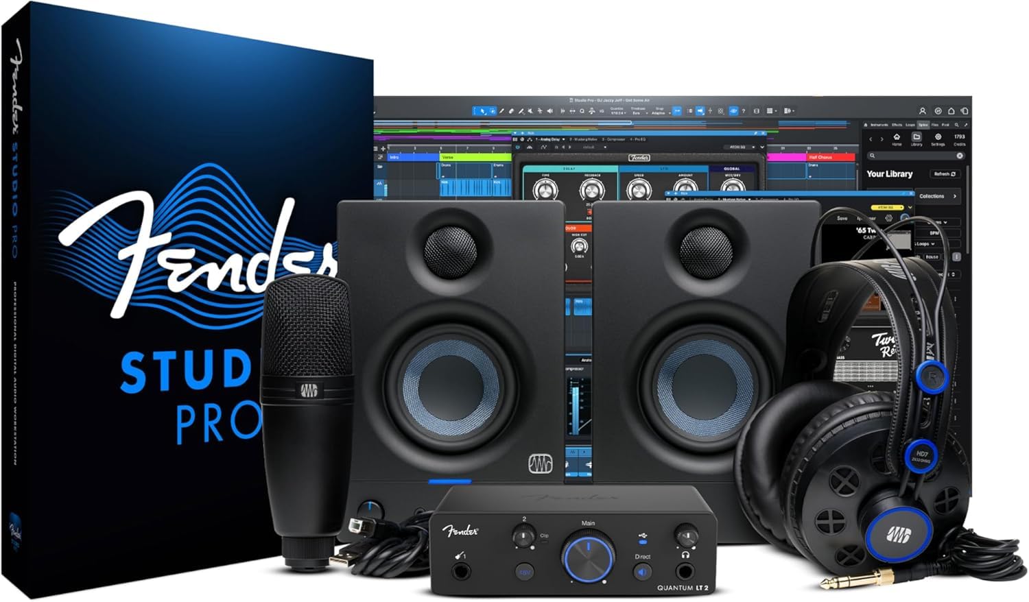 Fender Quantum Complete Bundle | Home Recording Studio Kit with USB-C LT 2 Audio Interface, M7 MkII Condenser Mic, HD7 Headphones, Eris 3.5 Monitors, Fender Studio Pro, Beginner Studio Bundle