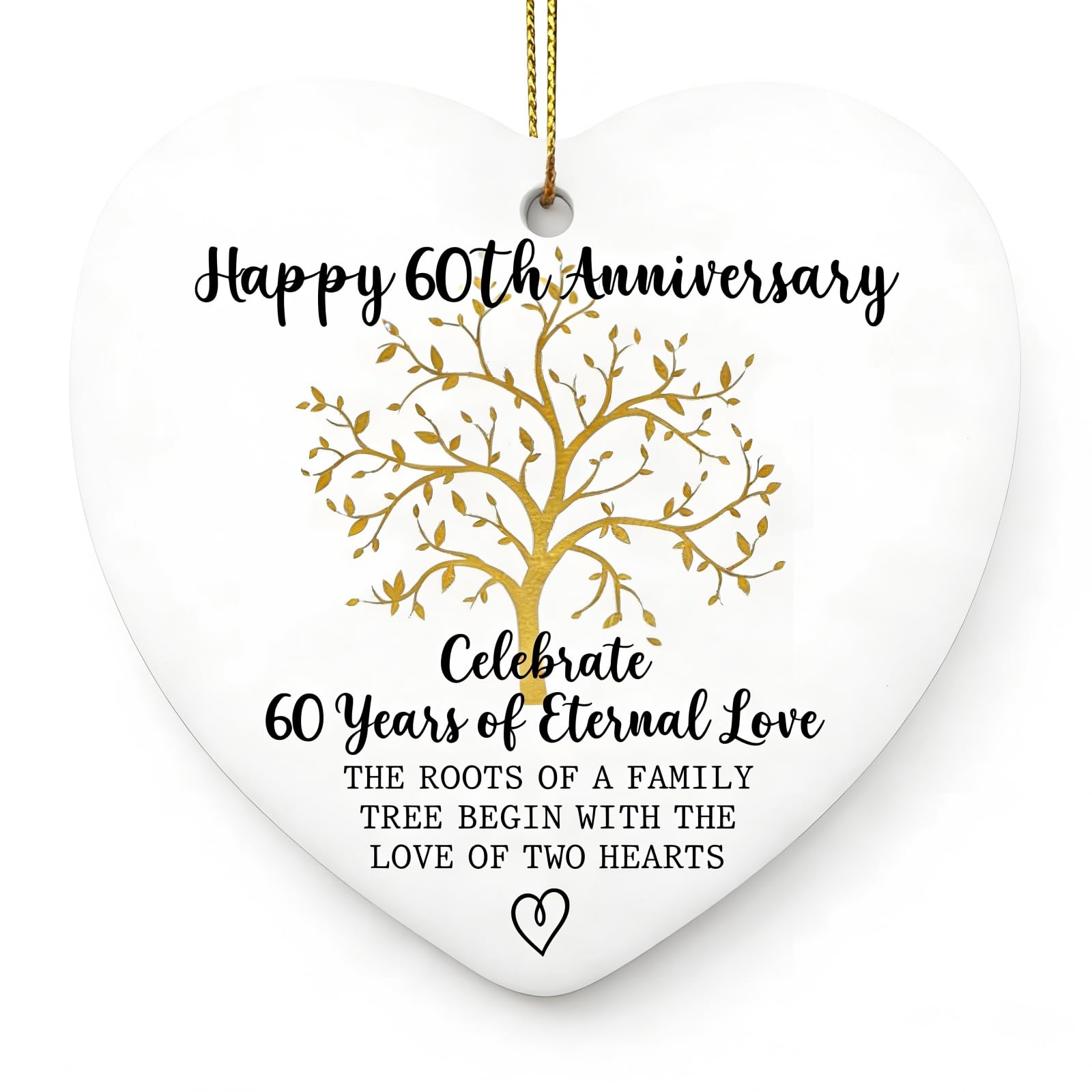 60th Wedding, Ceramic Heart Shaped Hanging Ornament, Elegant Diamond Anniversary Keepsake for Couples, Parents, Grandparents