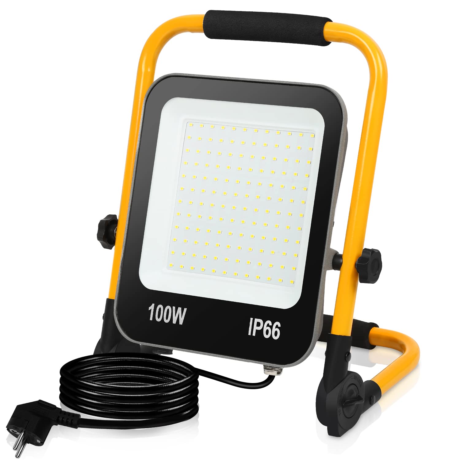 Ikodm Faretto LED da Cantiere, 100W Lampada da Lavoro portatile 10000LM 6000K con staffa pieghevole, Proiettore da Lavoro LED con Spina 3M Cavo, Impermeabile IP66 per Garage Costruzione