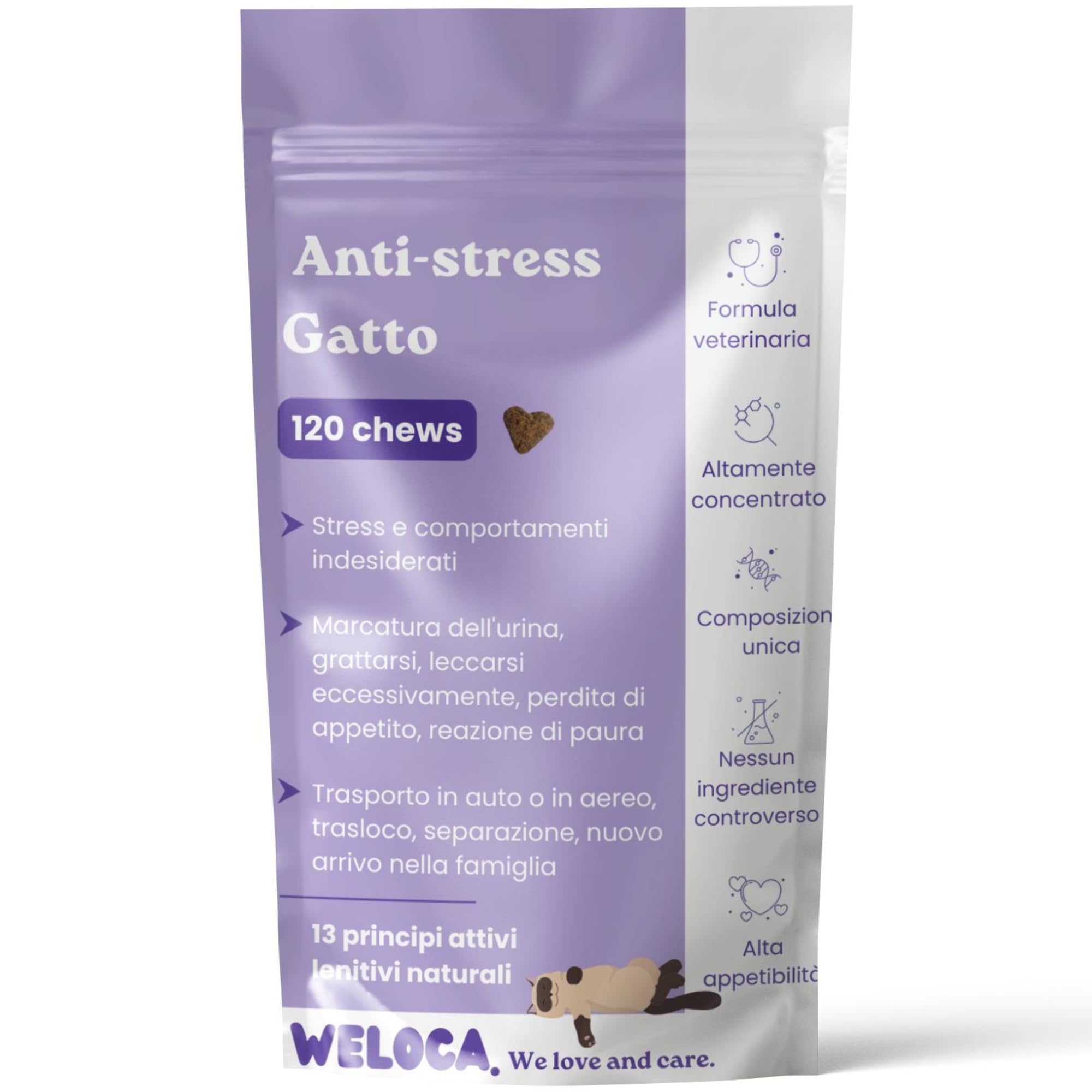 Weloca Anti-Stress Gatto - Anti marcatura urinaria, Anti graffio, lenitivo Contro i Problemi comportamentali del Gatto - 13 principi Attivi Naturali - Calmante Gatto - Imballaggio Francese